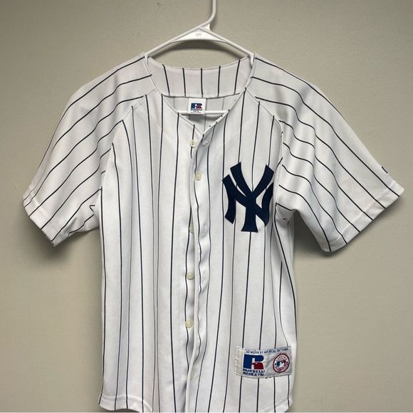 Russell Athletic New York Yankees Pinstripe Button Down Jersey Size 10/12 - Picture 1 of 7